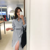 Flytonn-BACK TO SCHOOL OUTFIT Korean Style Striped Shirt Dress With Belt Women Autumn Dress Casual Long Sleeve Turn-Down Collar Knee Length Midi Dress Jurken