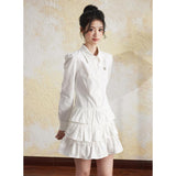 Flytonn-y2k outfits Korean Fashion White Sweet Commuter Polo Neck Long Sleeve Shirt Dress Autumn New Slimming Lace Puffy Cake Mini Dress for Women