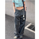 Flytonn-Grey Womens Jeans High Waist Vintage Straight Autumn Y2K Classic Denim Pants Streetwear American Wide Leg Baggy Denim Trouser