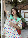 Flytonn-y2k outfits Doll Neck Polka Dot Sweet Dress Summer New Academy Style 3D Flower Design Loose Short Sleeve A-line Short Dresses for Women