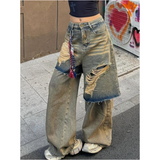 Flytonn-Blue Jeans Women American Y2K Vintage High Waisted Jean Straight Streetwear Casual Loose Wide Leg Denim Pants Ripped Trouser