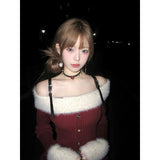 Flytonn-y2k outfits Autumn/Winter Christmas Sweet Spicy Girl Off Shoulder Long Sleeve Red Dress New Year Knitted Slim Short Sexy Dress for Women