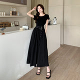 Flytonn-y2k outfits Summer New Korean Fashion Short Sleeve Black Dress for Women French Elegant Commuting Waist Belt Slimming A-line Long Dress