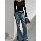 Flytonn-Streetwear Retro Fashion Autumn Women High Waist  Blue Stamp Loose Wide Leg Straight Loose Denim Trousers Y2K Stamp Baggy Pants