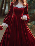 Flytonn-y2k outfits French Hepburn Red Velvet Long Dress Spring/Autumn New Square Neck Long Sleeve Waist Slim Red Antique Vintage Dress for Women