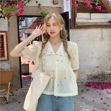 Spring Outfits Back To School Outfits Flytonn Sweet Shirts Women Kawaii Cute Print V Neck Puff Short Sleeve Blouse Student Korean Fashion Embroidery Loose Casual Top