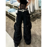 Flytonn-Women's Casual Grunge Y2K Street Washed Denim Trouser American Retro High Waist Pockets Jeans Solid Color Hip-hop Baggy Pants