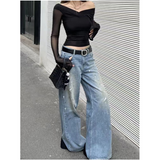 Flytonn-Streetwear Retro Fashion Autumn Women High Waist  Blue Stamp Loose Wide Leg Straight Loose Denim Trousers Y2K Stamp Baggy Pants