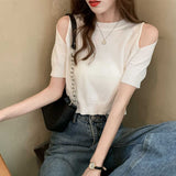 Flytonn-cute winter outfits casual winter outfits christmas outfit party look inspos Sexy Cut Shoulder Cropped Slim Shirt