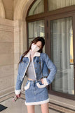 Flytonn-cute winter outfits casual winter outfits christmas outfit party look inspos Two Piece Warm Crop Denim Jacket With Mini Denim Skirt Outfit Set