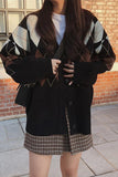 Flytonn-cute winter outfits casual winter outfits christmas outfit party look inspos Loose Argyle Pattern Black Cardigan Sweater