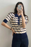 Flytonn-cute winter outfits casual winter outfits christmas outfit party look inspos Short Sleeve Knitted Striped Collar Shirt