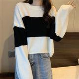 Flytonn-cute winter outfits casual winter outfits christmas outfit party look inspos Loose Casual Patchwork Cropped Sweater