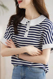 Flytonn-cute winter outfits casual winter outfits christmas outfit party look inspos Retro Doll Collar Short Sleeve Striped Shirt