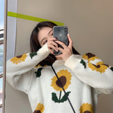 Flytonn-cute winter outfits casual winter outfits christmas outfit party look inspos O-Neck Sun Flower Pattern Knitted Sweater