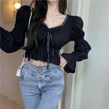 Flytonn-cute winter outfits casual winter outfits christmas outfit party look inspos Long Sleeve Lace Tie Cropped Blouse Shirts