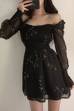 Flytonn-cute winter outfits casual winter outfits christmas outfit party look inspos Sexy Flower Puff Sleeve Chiffon Black Dress