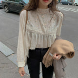 Flytonn-cute winter outfits casual winter outfits christmas outfit party look inspos Long Sleeve Lace Stand Collar Floral Embroidery Shirt