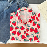 Flytonn-cute winter outfits casual winter outfits christmas outfit party look inspos Cute Strawberry Printed Short Sleeve Blouse Shirt