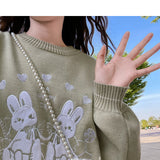 Flytonn-cute winter outfits casual winter outfits christmas outfit party look inspos Loose Cute Rabbit Embroidery Knitted Sweater