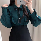 Flytonn-cute winter outfits casual winter outfits christmas outfit party look inspos Long Sleeve Cute Bow Tie Retro Office Blouse Shirt