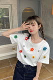 Flytonn-cute winter outfits casual winter outfits christmas outfit party look inspos Short Sleeve 3D Flowers Pattern Embroidered Shirt