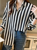 Flytonn-cute winter outfits casual winter outfits christmas outfit party look inspos Long Sleeve Black White Striped Blouse Shirt