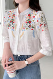 Flytonn-cute winter outfits casual winter outfits christmas outfit party look inspos Long Sleeve Stand Collar Flower Embroidered Blouse Shirt