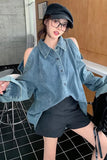 Flytonn-cute winter outfits casual winter outfits christmas outfit party look inspos Long Sleeve Off Shoulder Denim Shirt