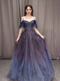 Flytonn-Cyber Monday Christmas party outfits Dark starry sky purple tulle long prom dress purple evening dress BD19