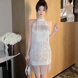 Flytonn-y2k outfits Elegant Socialite High-end Sequin Tassel Birthday Party Dress French Style Sleeveless Halter Slim Short Sexy Dress for Women