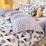 Flytonn-2025 Spring Bedding Set Floral Bedding Set Purple Tulips Ins Single Queen Size Duvet Cover No Filler Flat Sheet Pillowcase Home Hotel Bed Linens