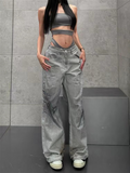 Flytonn-Female High Street Retro High Waist Trashy Jeans Y2K Baggy American 2000s Denim Trouser Women's Washed Vintage Casual Pants