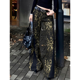 Flytonn-Vintage Leopard Print Women's Trousers Retro Streetwear Wide Leg Pants Boho Design Casual Wide Leg Long Pants For Women Relaxed