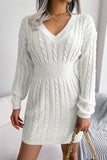 Flytonn-nye outfits Sexy V Neck Winter Fisherman Cable Knit Sweater Mini Dress - White