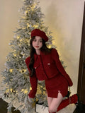 Flytonn-y2k outfits New Year's Robe Red Skirt Set Autumn/Winter Christmas Dress Up High End Sweet Short Coat Mini Skirt Two Piece Set Women Outfits