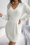 Flytonn-nye outfits Sexy V Neck Winter Fisherman Cable Knit Sweater Mini Dress - White