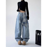 Flytonn-Women Blue Jeans Sense design Vintage High Waisted Straight Denim Trouser Y2K American Streetwear Wide Leg Basics Denim Pants