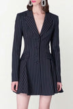 Flytonn-nye outfits Classic Lapel Button Front Fit & Flare Striped Blazer Mini Dress - Navy Blue