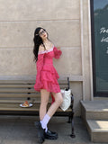 Flytonn-y2k outfits One Shoulder Rose Red Spliced Lace Irregular Long Sleeve Dress Summer New Chic Sweet Spicy Girl Waist Slim Short Dress for Women