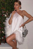 Flytonn-nye outfits Asymmetrical One Shoulder Feather Trim A Line Party Mini Dress - White