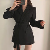 Flytonn-y2k outfits Black Suit Jacket Women Tops Autumn New Korean Commuting Mid Length Suit Dress Waist Slimming Lace up Blazers Women Clothing