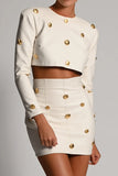 Flytonn-nye outfits Long Sleeve Button Trim High Waist Mini Leather Two Piece Dress - White