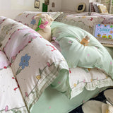 Flytonn-2025 Spring Bedding Set Cream Floral Bedding Set No Filler Breathable Green Ins Double Queen Size Comforter Duvet Cover Flat Sheet Pillowcase Bed Linens