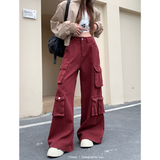 Flytonn-Red Jeans Women American Y2K Vintage High Waisted Jean Straight Streetwear Casual Loose Wide Leg Denim Pants Denim Trouser