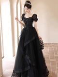 Flytonn-y2k outfits New Graduation High School Dress French High end Black Long Evening Dresses for Women Bubble Sleeve Bridesmaid Wedding Dress