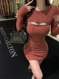 Flytonn-Sweet Hot Girl Zipper Hollowed Out Pit Stripe Dress for Women's Winter Sexy Slim Fit Hip Wrap Short Dress Fashion Female Clothes