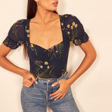 Flytonn-BACK TO SCHOOL OUTFIT Short Puff Sleeve Vintage Floral Print Top Sweetheart Neck Tie Bow Elegant Blouses Women Casual 2025 Summer Tops Chiffon Blouse