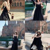 Flytonn-y2k outfits French Elegant Luxury Lace Spliced Black Slip Dress Summer New High end Sleeveless Waist Slimming A-line Long Dress for Women