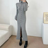 Flytonn-y2k outfits Fashion Simple Solid Color Autumn/Winter Retro High Collar Single breasted Waist Slimming Knitted Cardigan Long Dress for Women